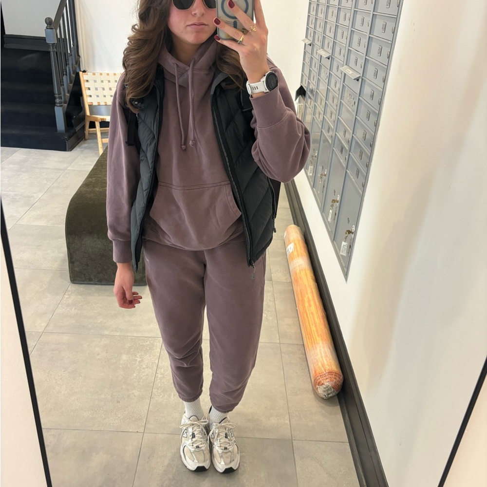 TNA Cozy Sweatfleece Boyfriend Hoodie and Sweatpant Set: Smoked Eggplant